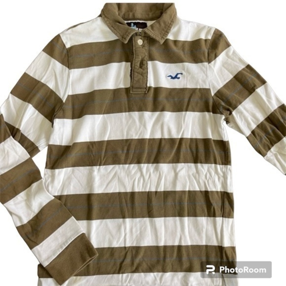 HOLLISTER CA Olive Green White Stripe Longsleeve Polo Soft Knit Size‎ Medium